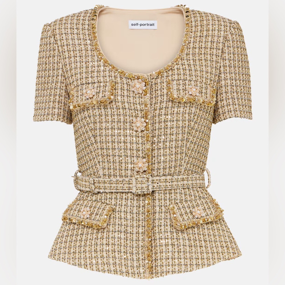 Self-Portrait Gold Tweed Belted Short-Sleeve Top